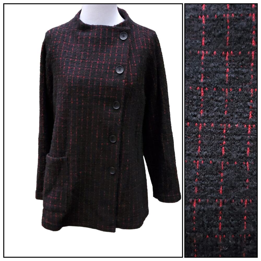 Sahara London Size 1 Black Red Plaid Jacket Asymmetric Front Pockets Sz S